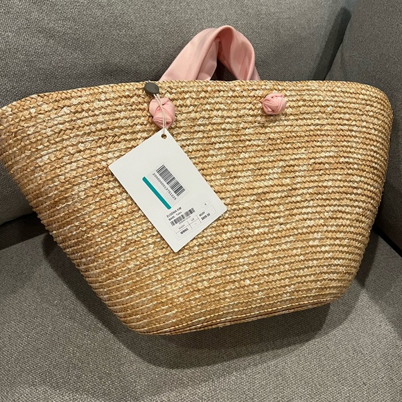 NEW EUGENIA KIM Carlotta Bow embellished Straw Tote In Beige & Pink - Picture 8 of 12